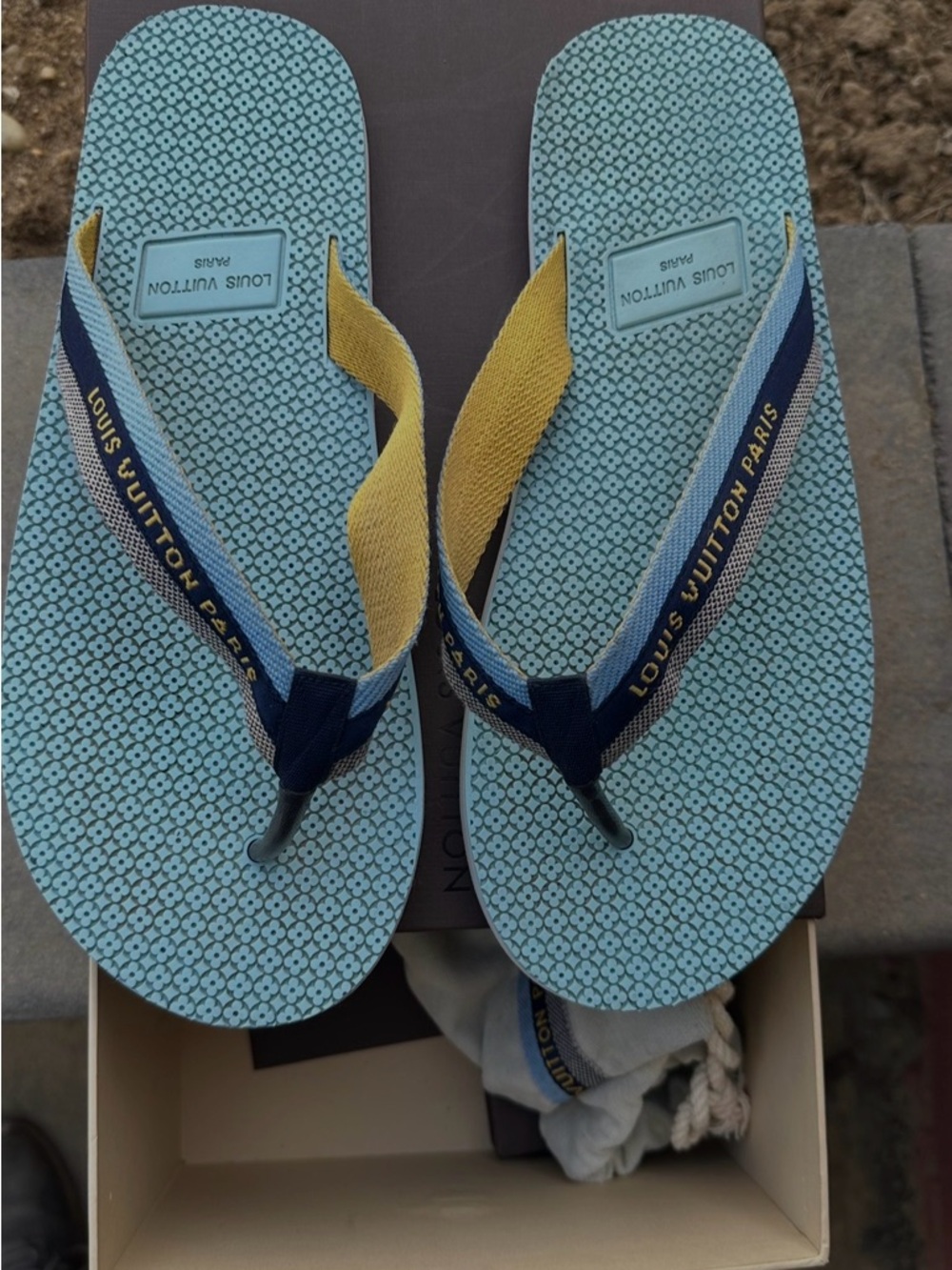 Louis Vuitton Light Blue and Yellow Logo Flip Flops